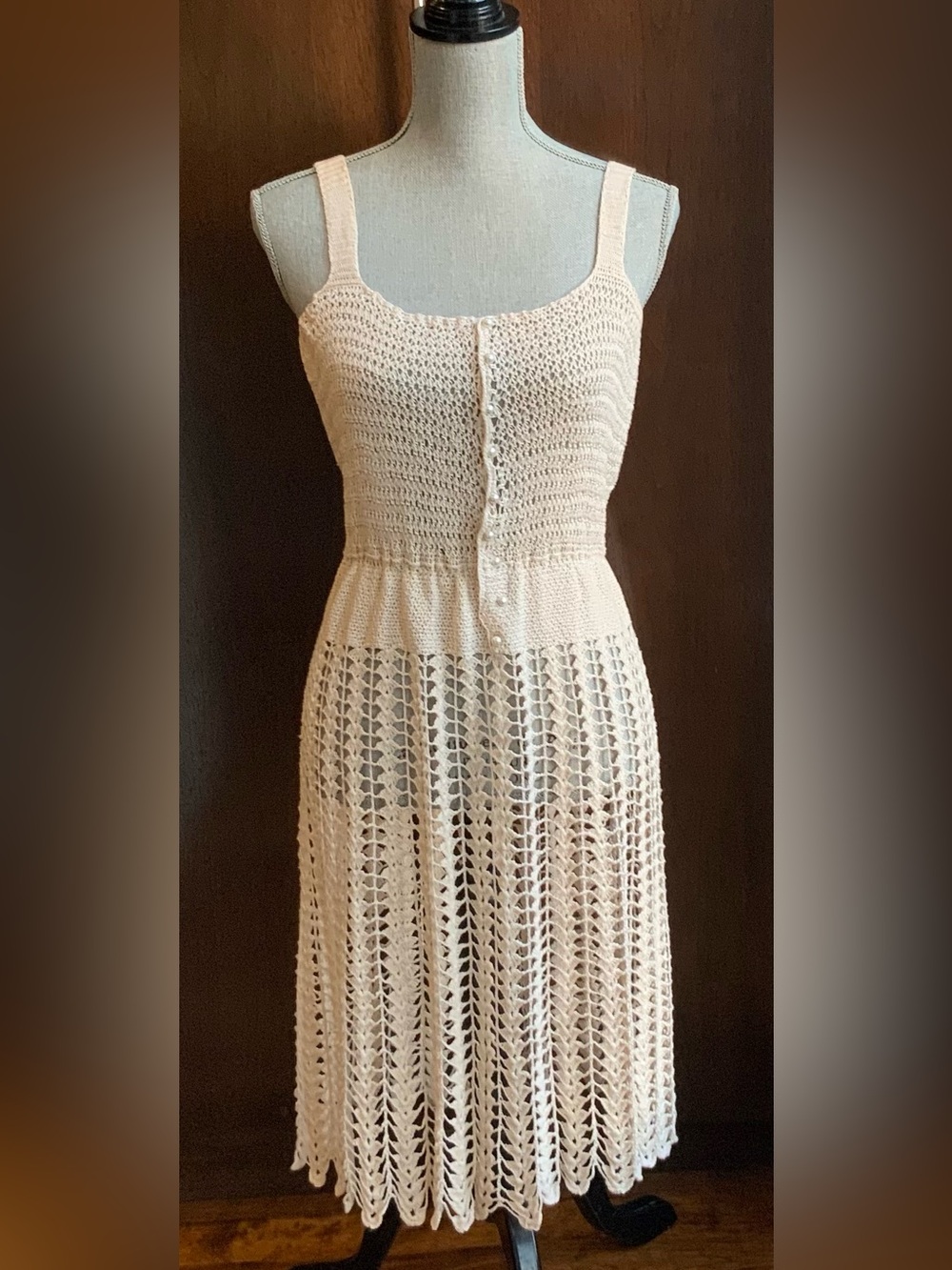 Handmade Crochet Midi Dress in Soft Cream